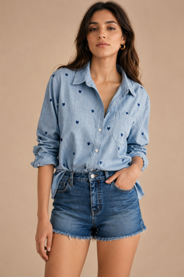 Blue Heart Chambray Shirt Front Blue Heart Chambray Shirt Front