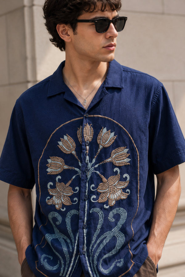Navy Botanical Embroidered Shirt Zoomed Navy Botanical Embroidered Shirt