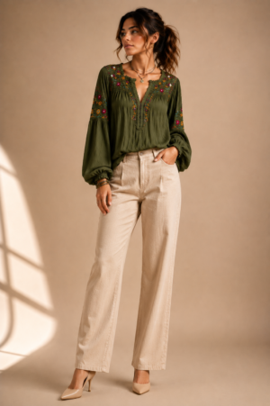 Olive Meadow Embroidered Top