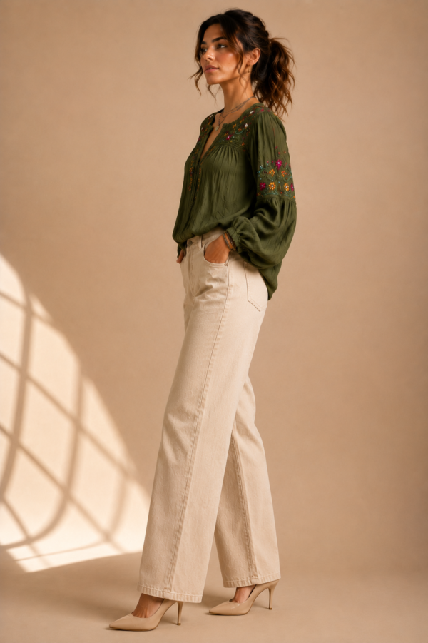 Olive Meadow Embroidered Blouse Side Olive Meadow Embroidered Top