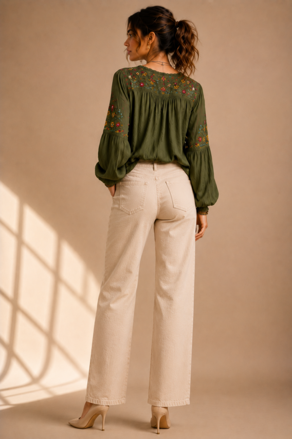 Olive Meadow Embroidered BlouseBack Olive Meadow Embroidered Top