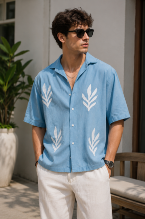 Sky Blue Leaf Print Resort Shirt (1) Sky Blue Leaf Print Resort Shirt