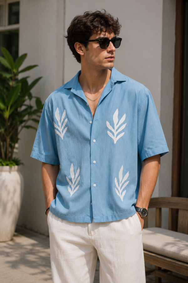 Sky Blue Leaf Print Resort Shirt